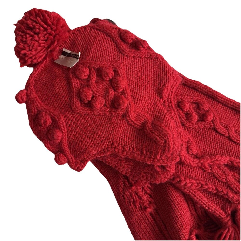 Womens Thick Red Winter Hat with Braids Baubles Scarf 2pc Set Knitted Pompom NWT - Picture 3 of 6